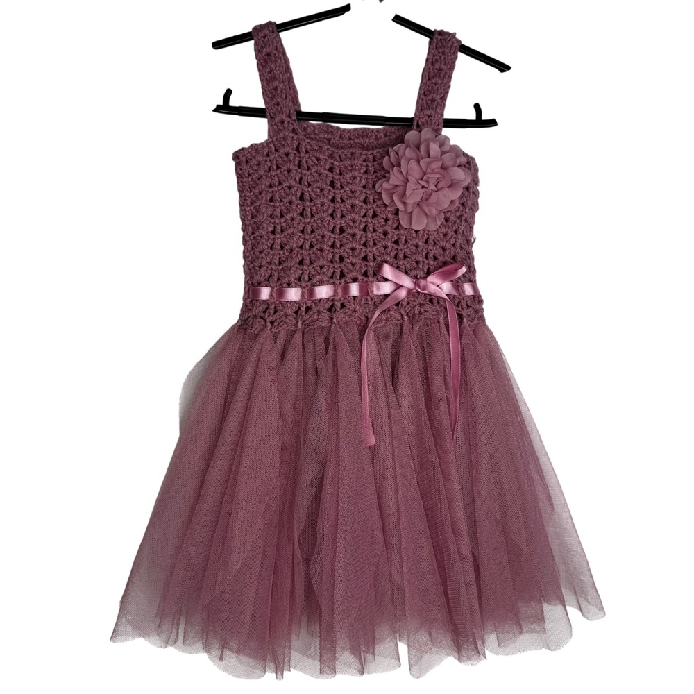 6 Months Mauve Crochet Tulle Dress Flower Party 1/2 Birthday Family Photoshoot